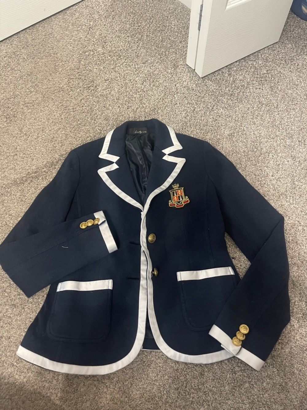 Navy Cotton Blazer with White Trim and Gold Buttons